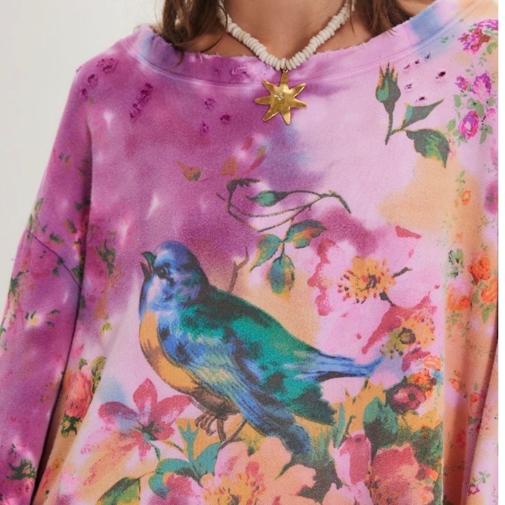 Magnolia Pearl RARE Songbird Floral Sweatshirt Purple Tie Dye Bird Distressed - Picture 7 of 16